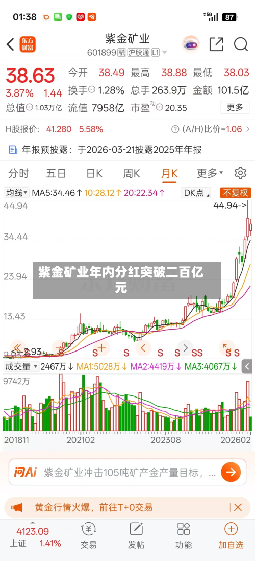 紫金矿业年内分红突破二百亿元