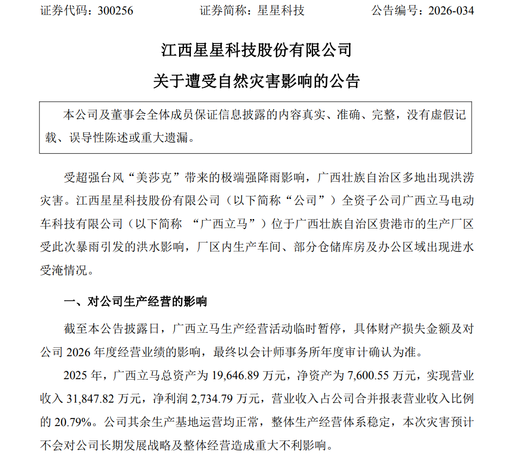 300256，最新公告：台风“美莎克	”袭来，导致广西贵港生产厂区被淹，该厂营收3.18亿元