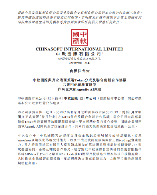 中国软件国际午后直线拉升涨超37% 与月之暗面签署Token分成及联合创新合作协议