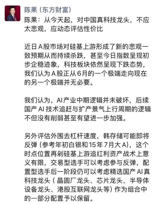陈果最新发声：今天起，对中国真科技龙头不应太悲观