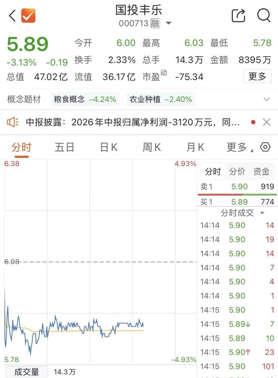 半年报亏损扩大，牛散逆势买入国投丰乐